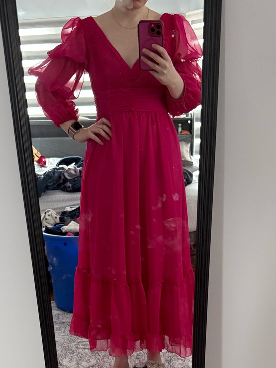 Mac Duggal Dresses & Skirts - Mac Duggal Fuchsia Puff-Sleeve V-Neck Maxi Dress